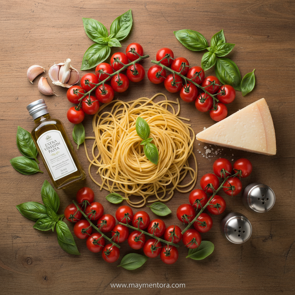 Fresh ingredients for Bruschetta Pasta including tomatoes, basil, garlic, and pasta