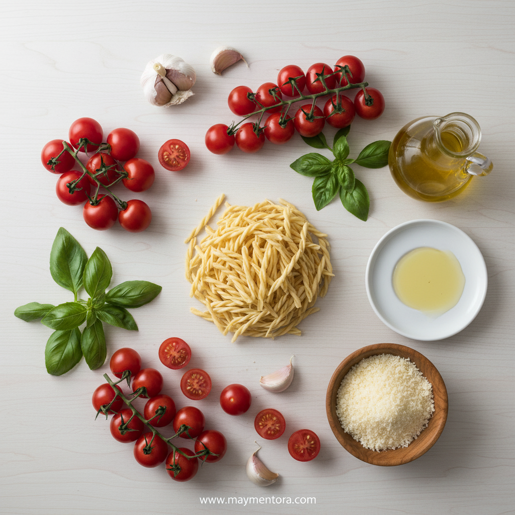 Ingredients for bruschetta pasta including tomatoes, basil, garlic, pasta, and balsamic vinegar