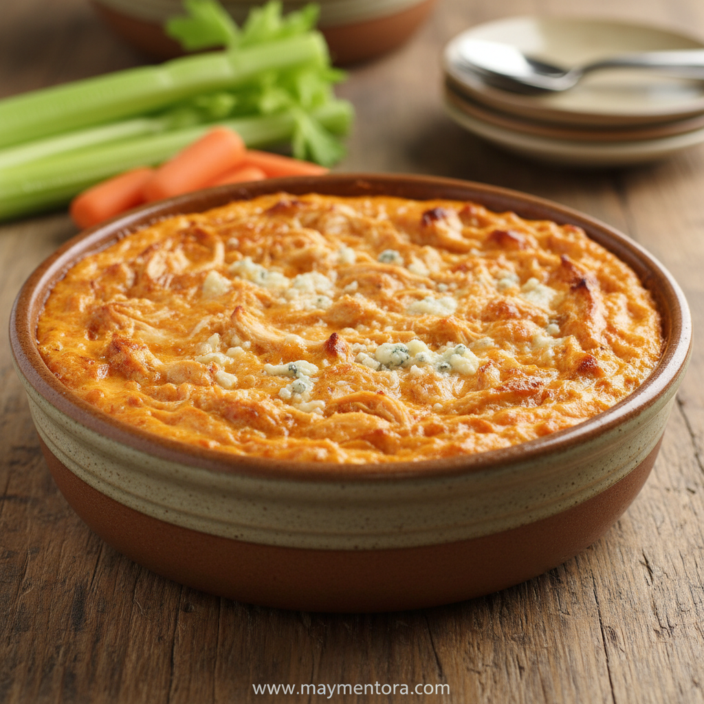 Creamy buffalo chicken dip in a baking dish with tortilla chips