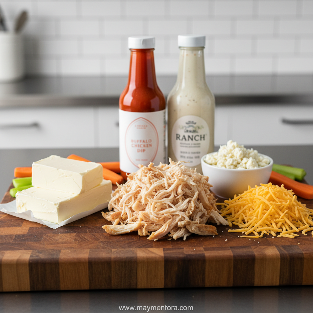 Ingredients for buffalo chicken dip including cream cheese, buffalo sauce, and shredded chicken