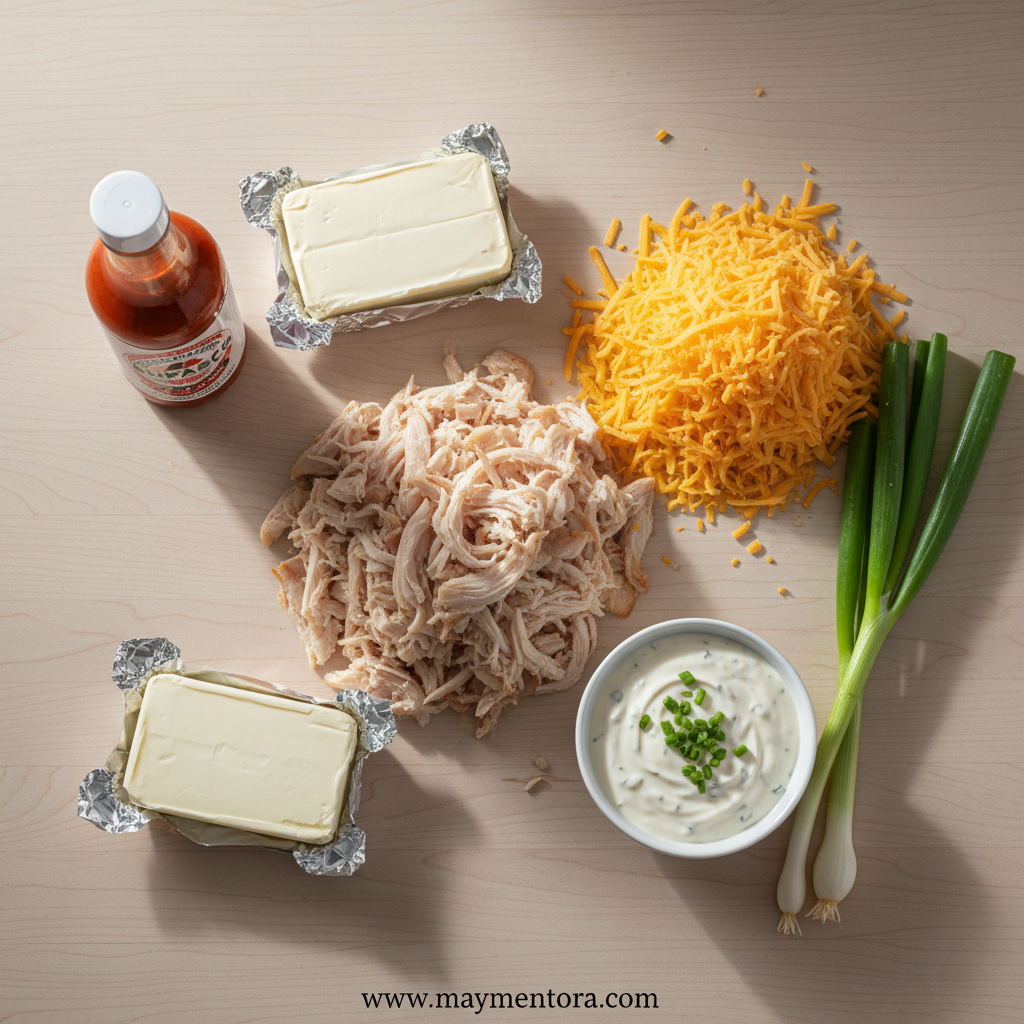 Ingredients for buffalo chicken dip laid out on kitchen counter