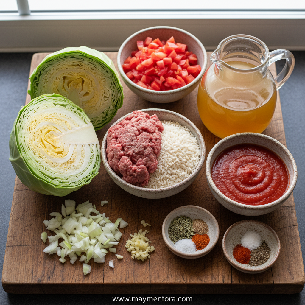 Fresh ingredients for cabbage roll soup