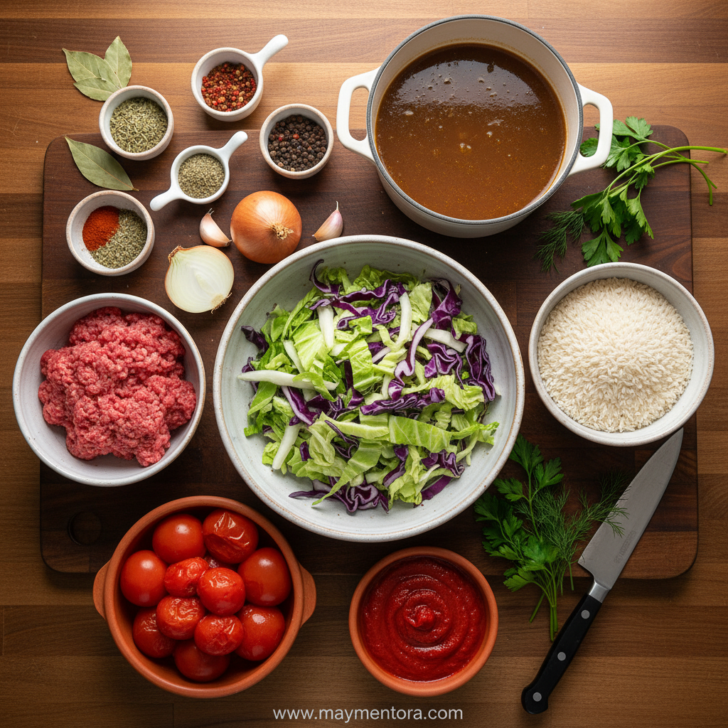 Fresh ingredients for cabbage roll soup including cabbage, ground beef, tomatoes and spices