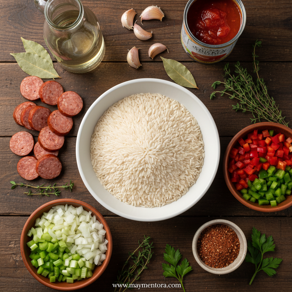 Ingredients for Cajun sausage rice skillet