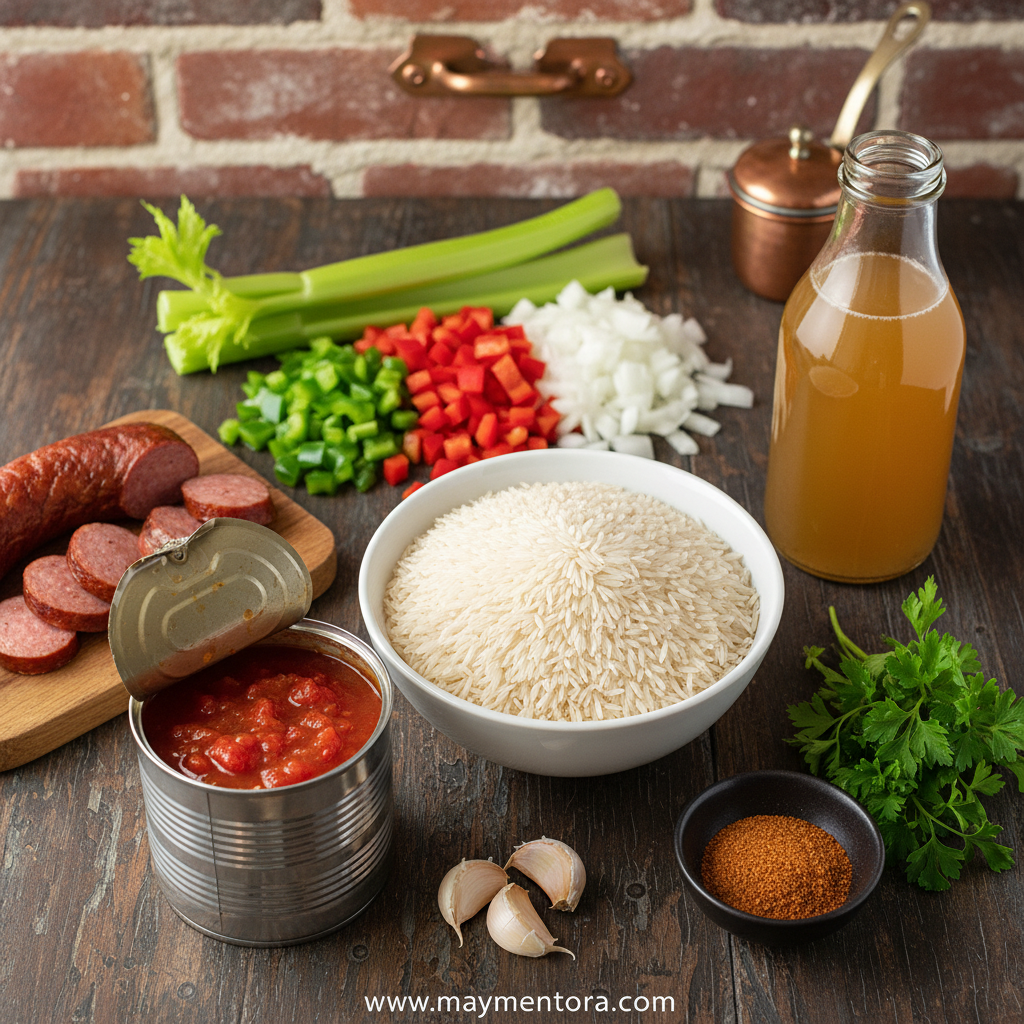 Ingredients for Cajun chicken sausage rice skillet