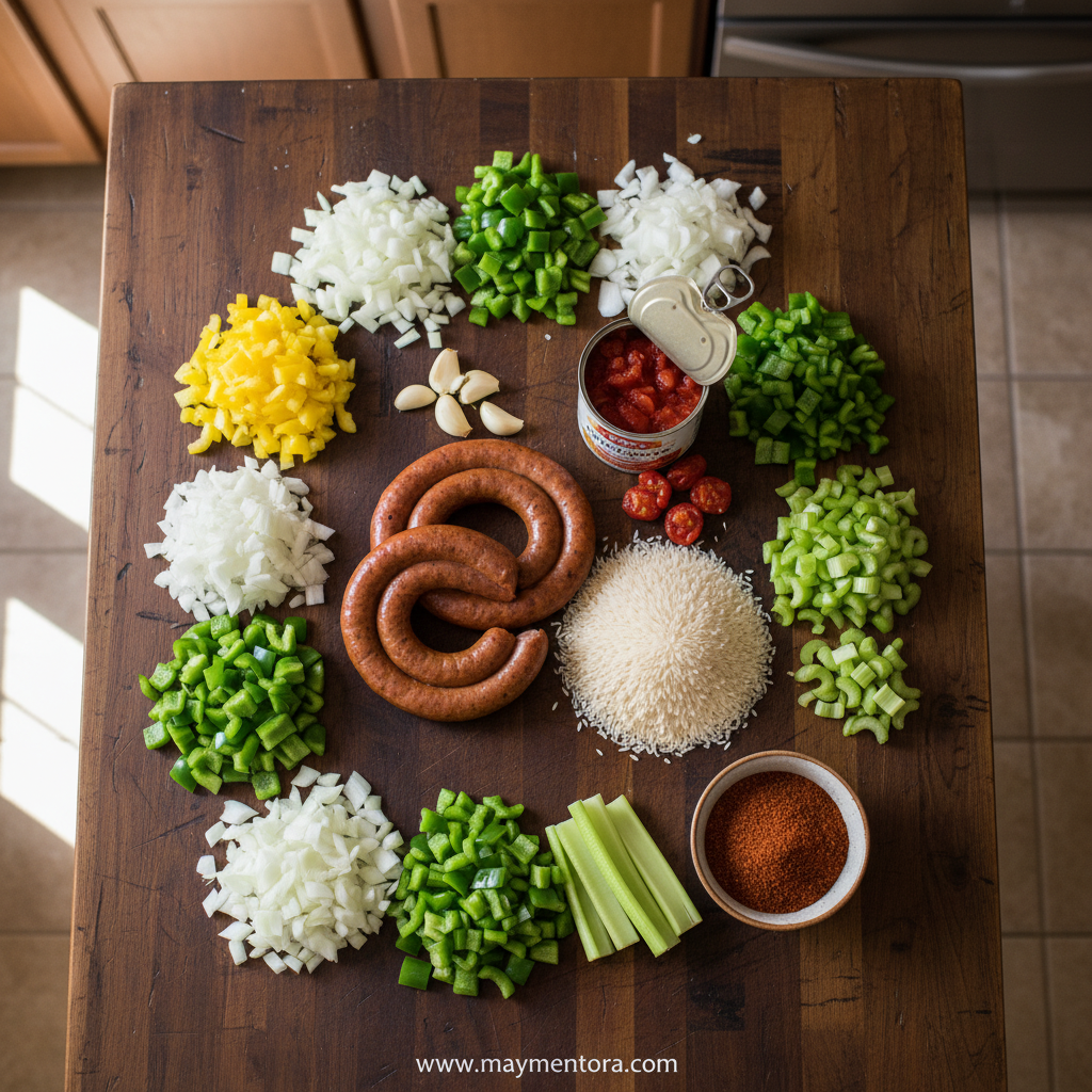 Ingredients for Cajun chicken sausage rice skillet including sausage, rice, bell peppers, and spices