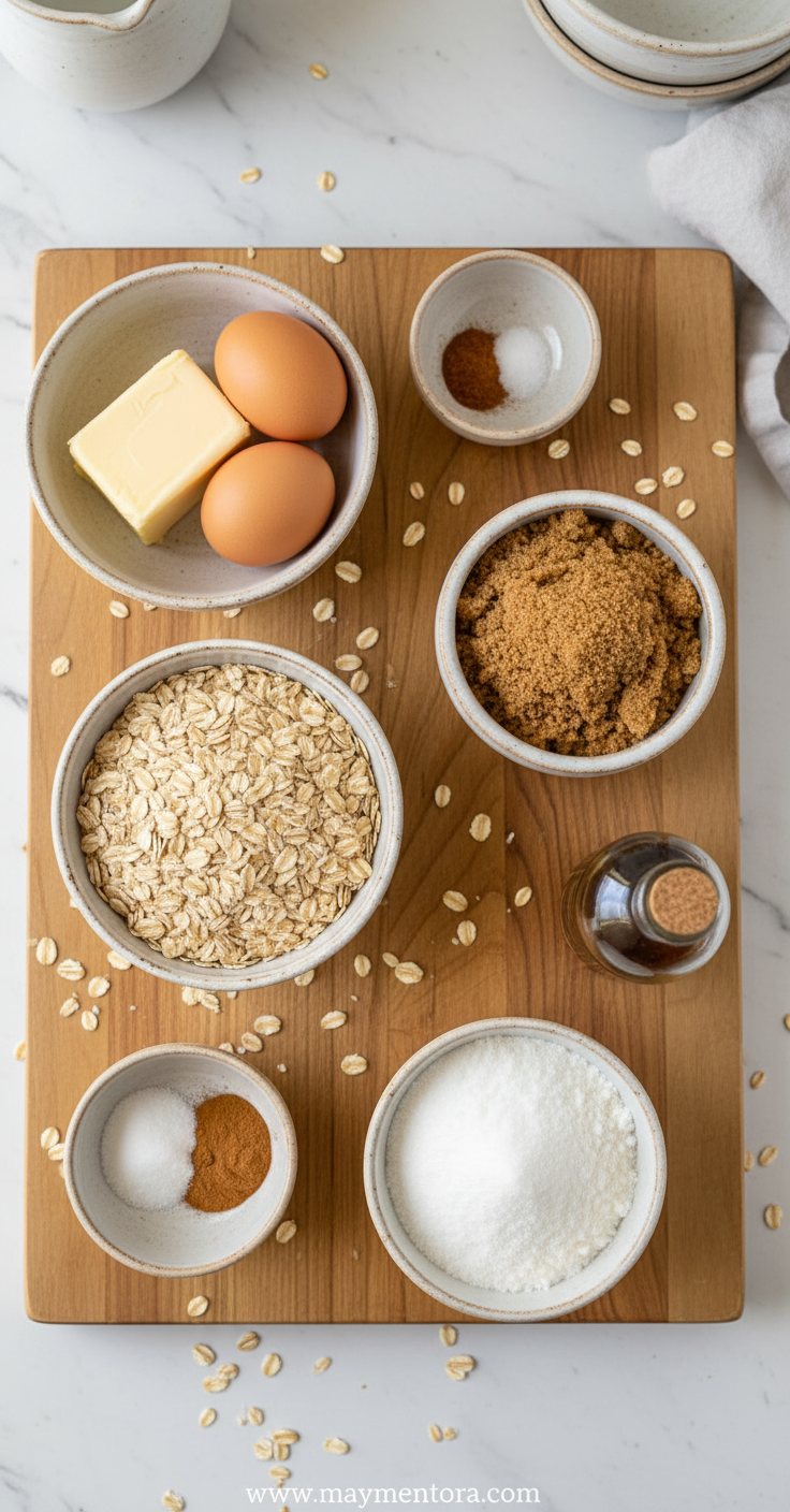 Ingredients for chewy oatmeal cookies including oats, brown sugar, flour, butter, and spices