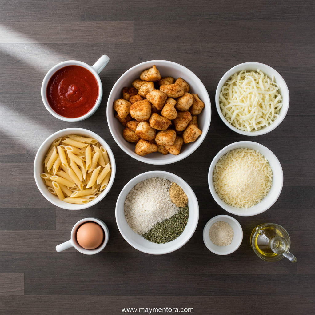 Ingredients for chicken parmesan casserole including chicken, pasta sauce, cheeses, and seasonings