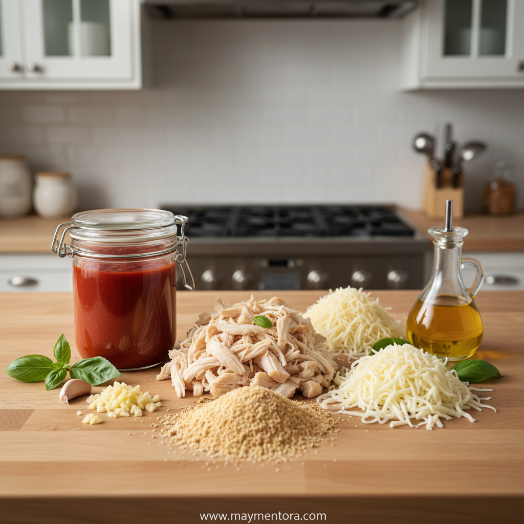Ingredients for chicken parmesan casserole including chicken, marinara sauce, cheese, and breadcrumbs