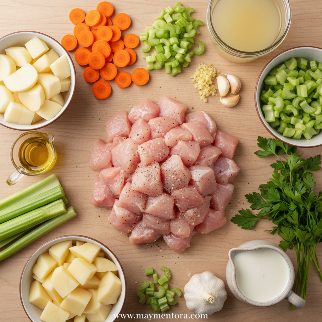 Ingredients for creamy chicken potato soup arranged on counter