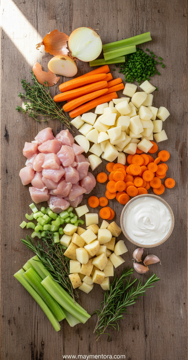 Ingredients for creamy chicken potato soup laid out on a wooden table
