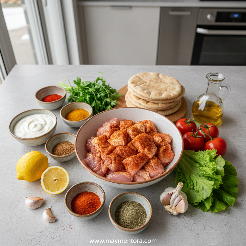Chicken shawarma ingredients laid out on counter