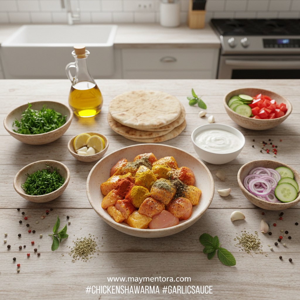 Fresh ingredients for chicken shawarma and garlic sauce