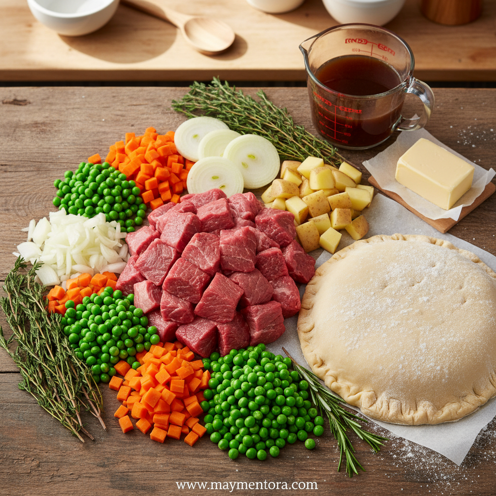 Ingredients for classic beef pot pie including beef, vegetables, and pastry