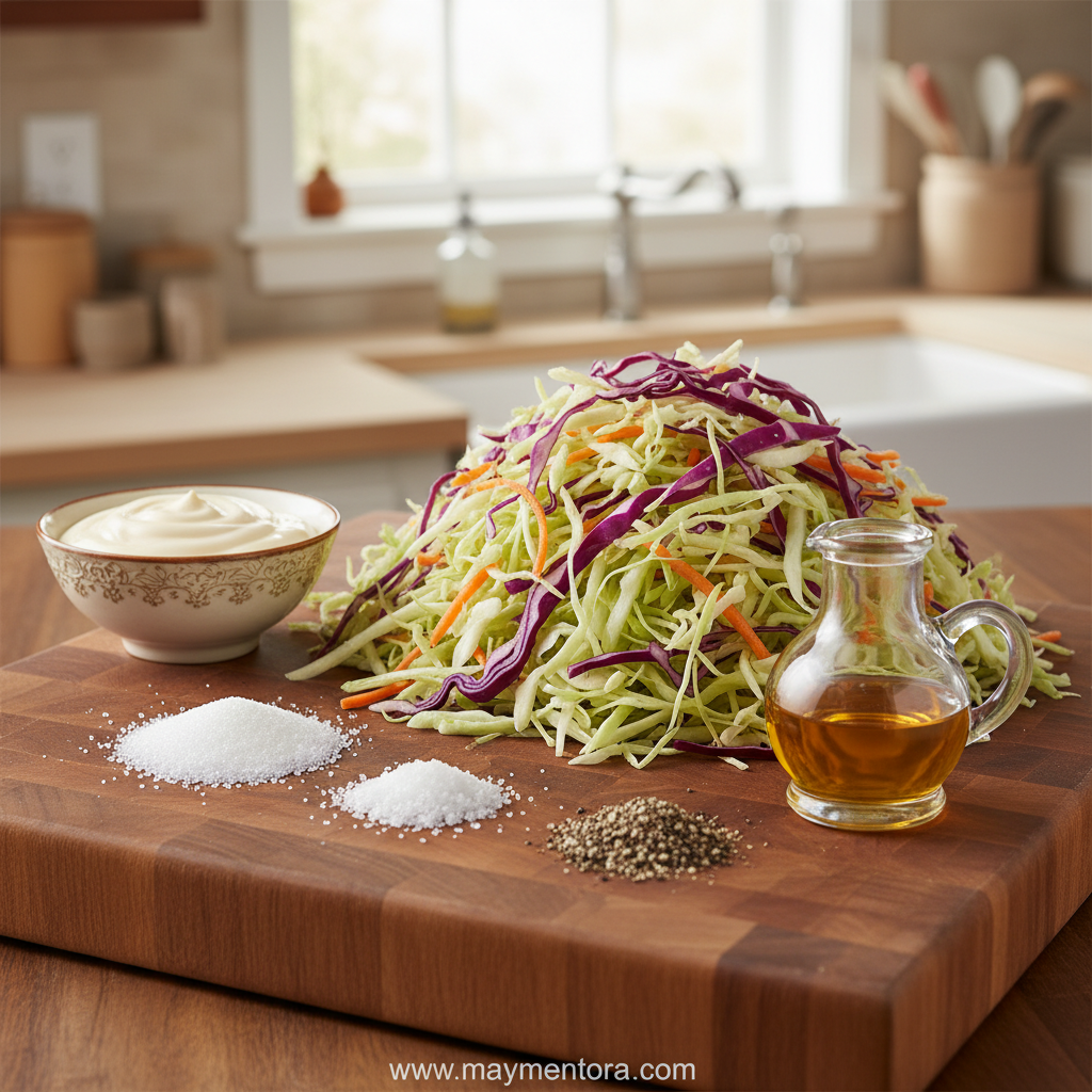 Fresh coleslaw ingredients including cabbage, carrots, and dressing components
