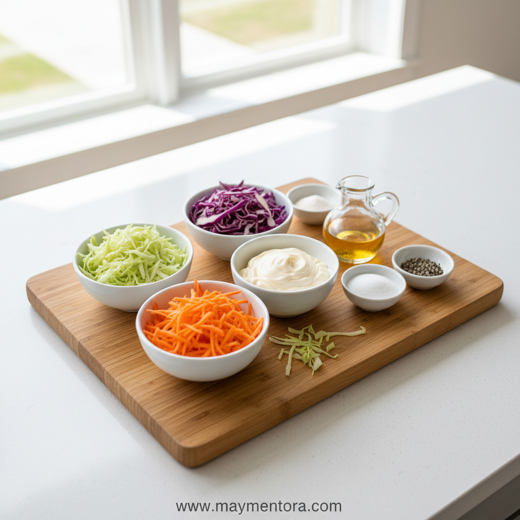 Fresh coleslaw ingredients including cabbage, carrots, and creamy dressing components