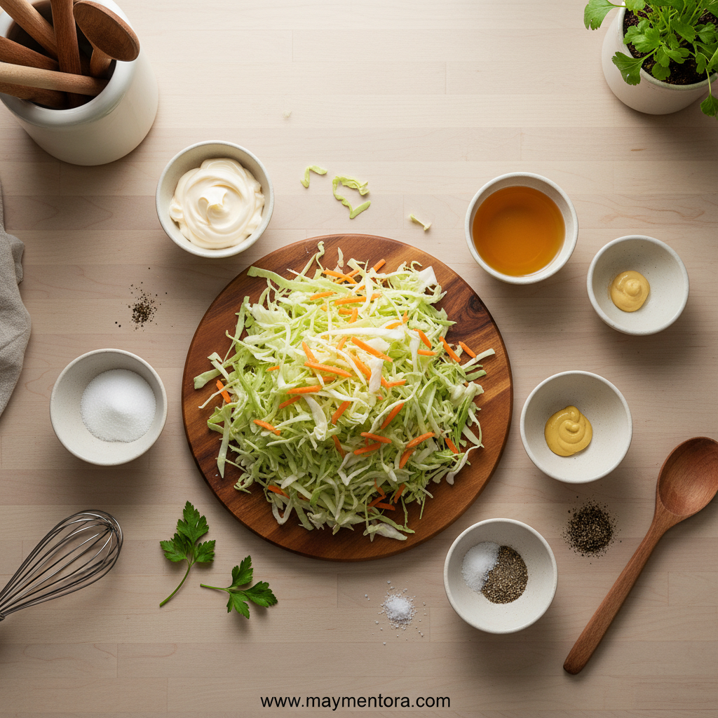 Fresh ingredients for homemade coleslaw including cabbage, carrots, and dressing components