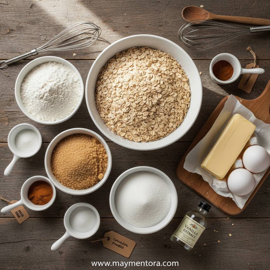 Ingredients for making classic oatmeal cookies