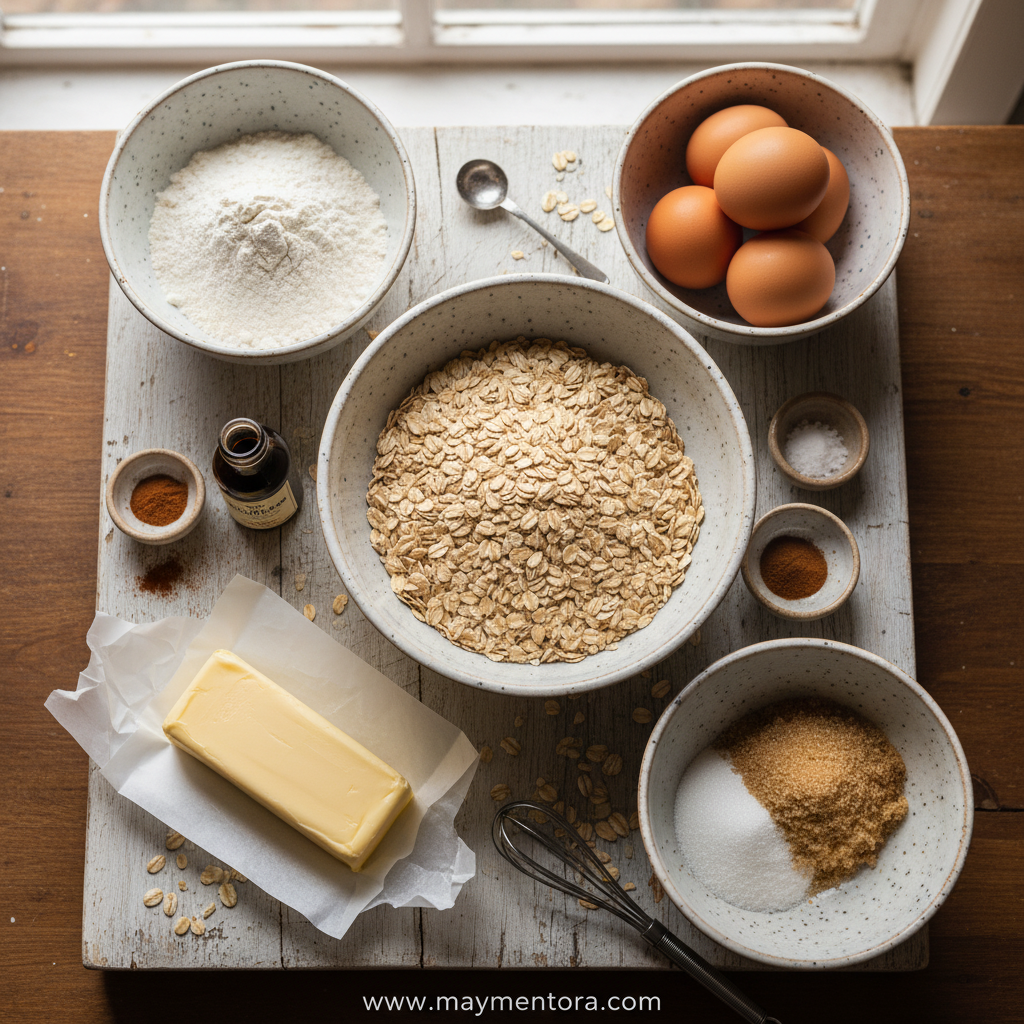 Ingredients for making classic oatmeal cookies
