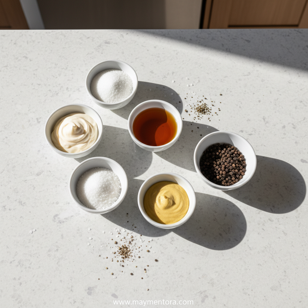 Ingredients for sweet tangy coleslaw dressing laid out on counter