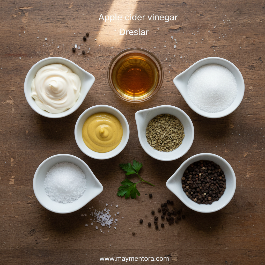 Ingredients for sweet tangy coleslaw dressing including mayonnaise, vinegar, and seasonings