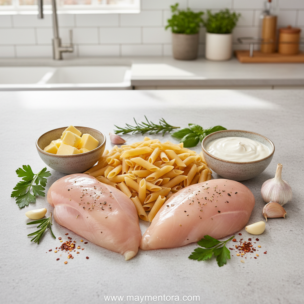Ingredients for smoky garlic butter chicken pasta including chicken, pasta, garlic, butter and spices