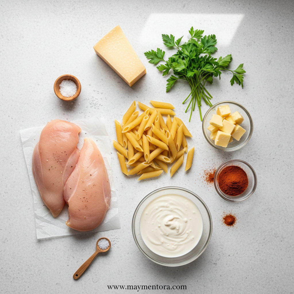Ingredients for smoky garlic butter chicken pasta including pasta, chicken, garlic, and seasonings