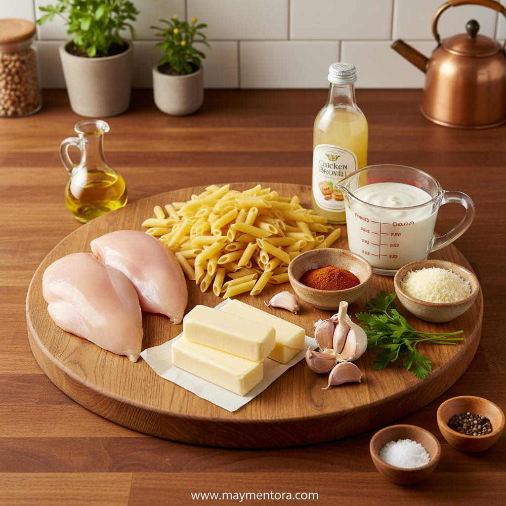 Ingredients for smoky garlic butter chicken pasta