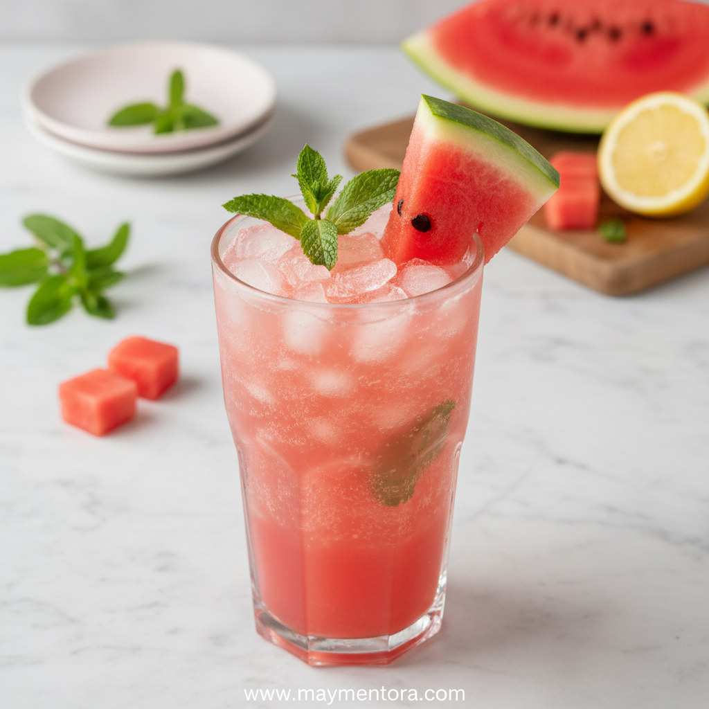 Refreshing watermelon mint lemonade in glass pitcher with fresh watermelon and mint leaves