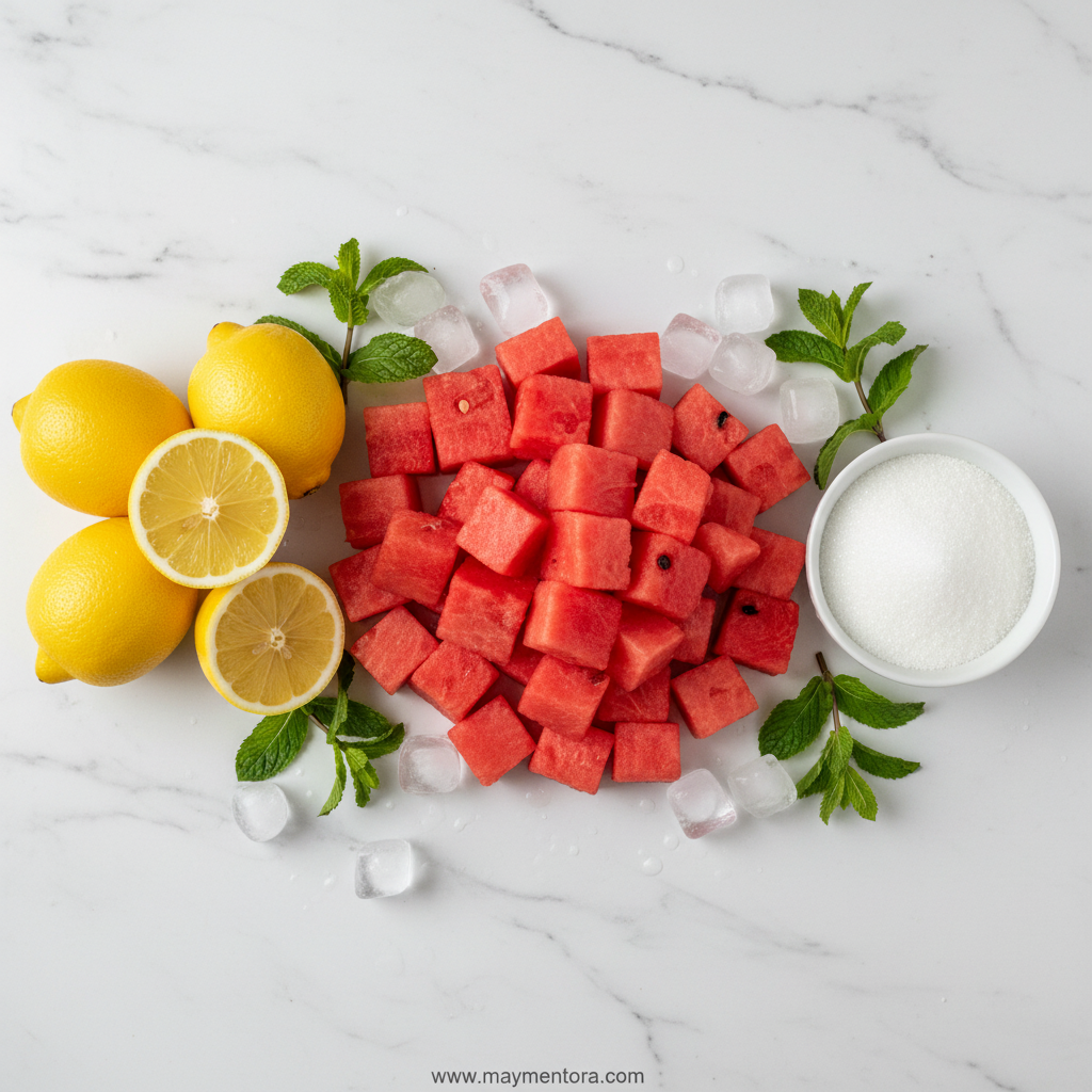 Fresh watermelon, lemons, mint leaves, sugar, and water ingredients for lemonade