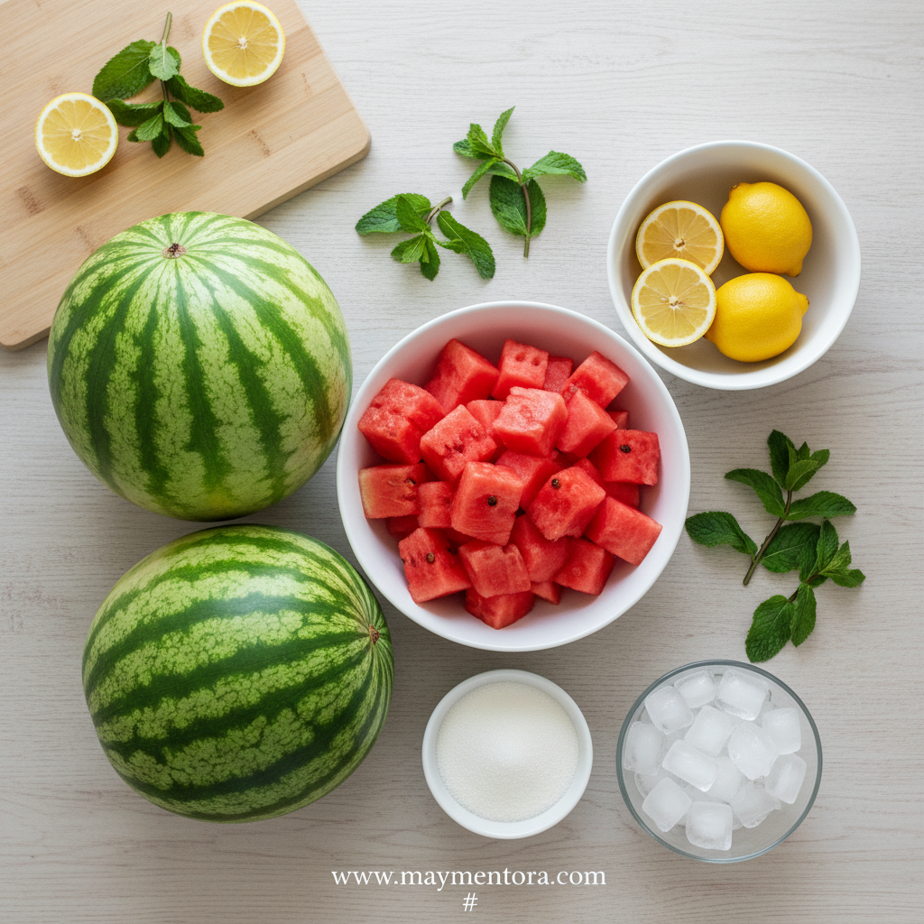 Fresh ingredients for watermelon mint lemonade: watermelon, lemons, mint, and sugar