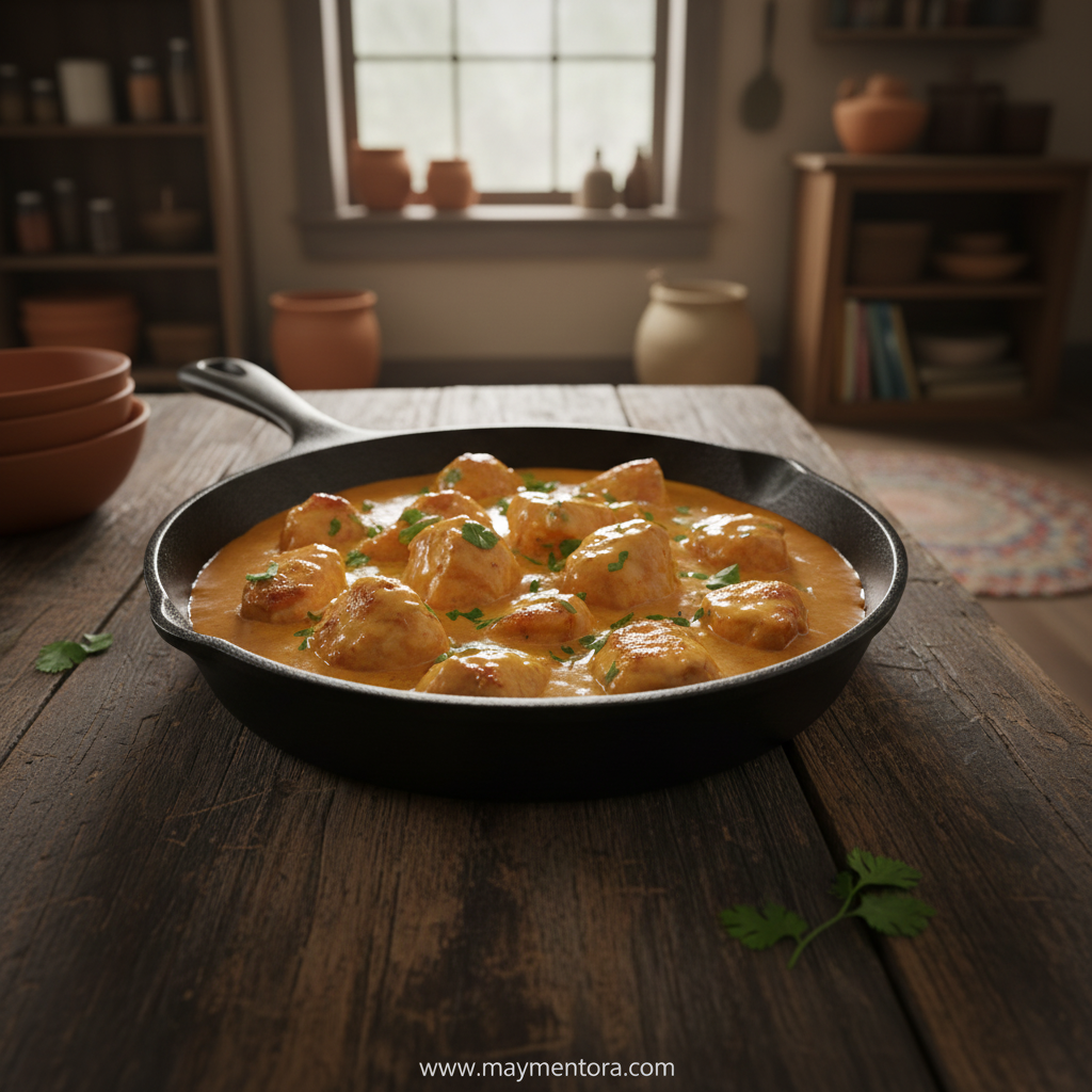 Texas Roadhouse copycat butter chicken skillet with golden chicken and vegetables in cast iron pan