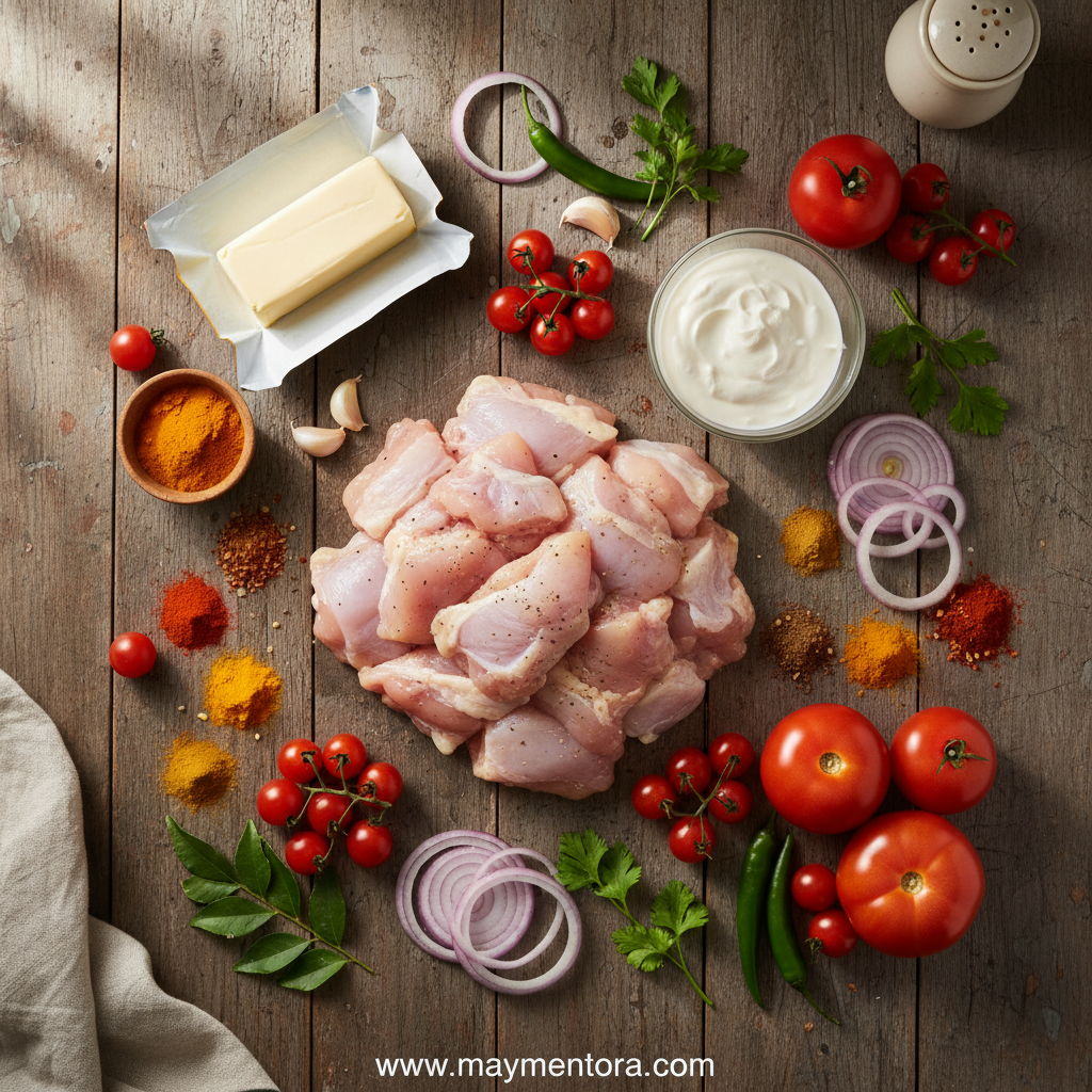 Ingredients for Texas Roadhouse copycat butter chicken skillet including chicken, butter, garlic, and vegetables