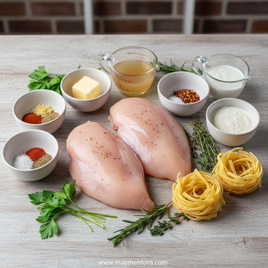 Ingredients for cowboy butter chicken linguine arranged on counter