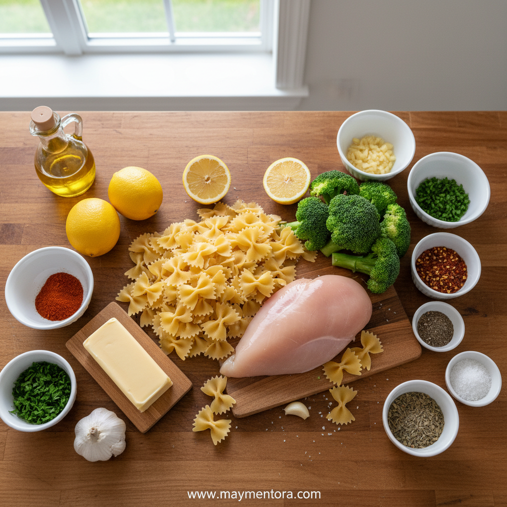 Ingredients for lemon cowboy butter chicken pasta laid out on counter