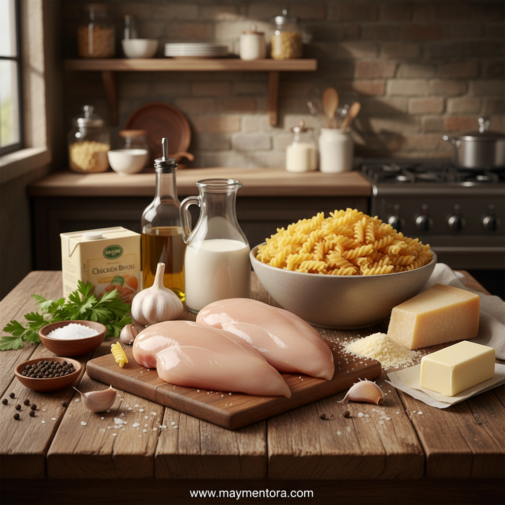 Ingredients for creamy garlic parmesan chicken pasta laid out on counter