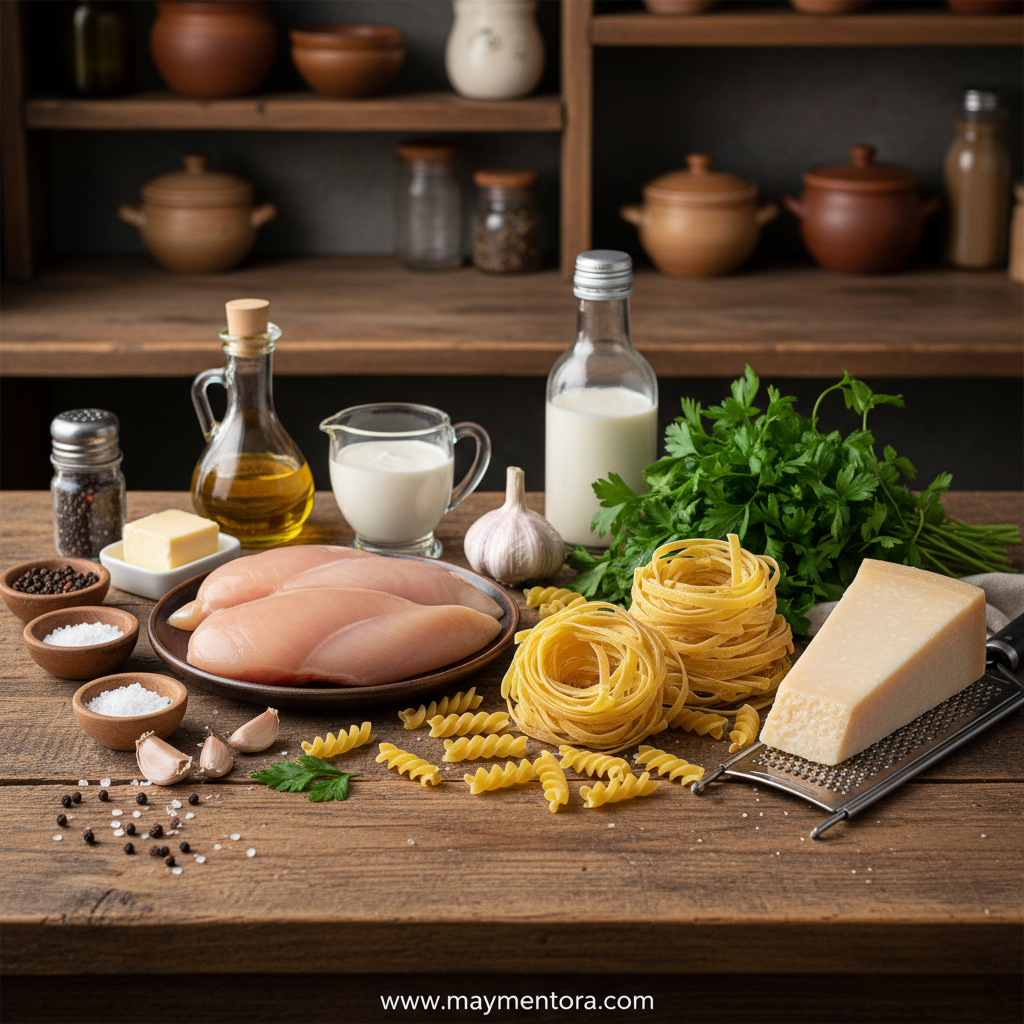 Ingredients for creamy garlic parmesan chicken pasta including chicken, pasta, garlic, and Parmesan cheese