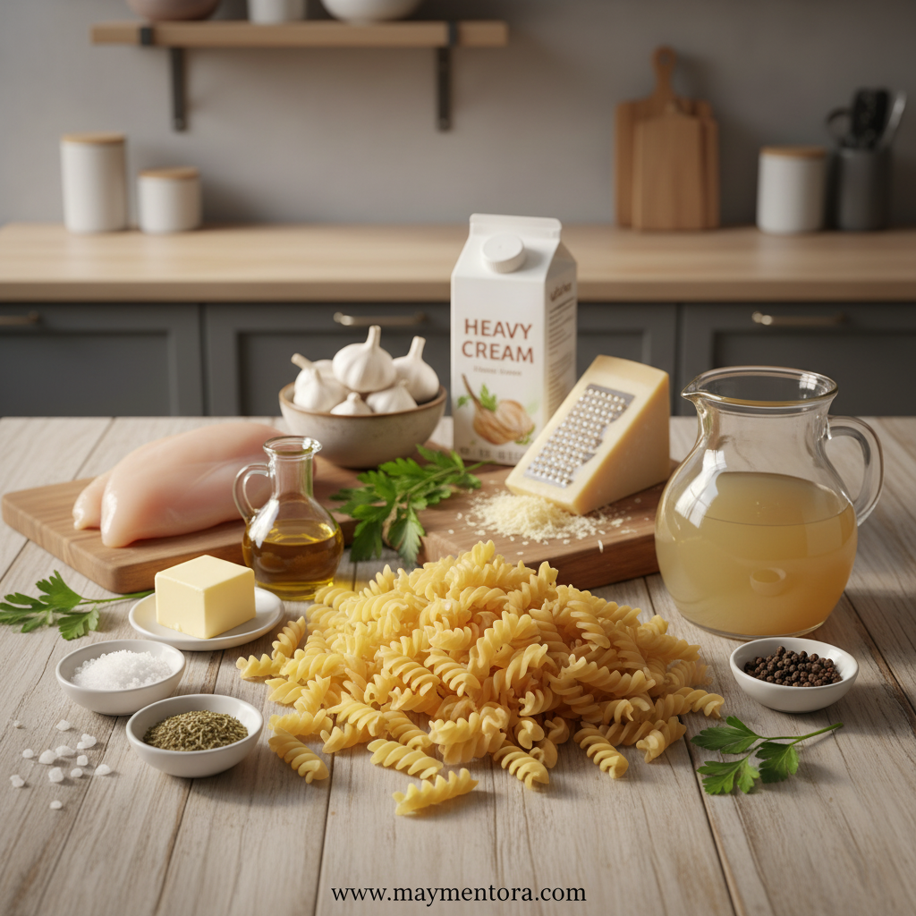 Ingredients for creamy garlic parmesan chicken pasta laid out on counter