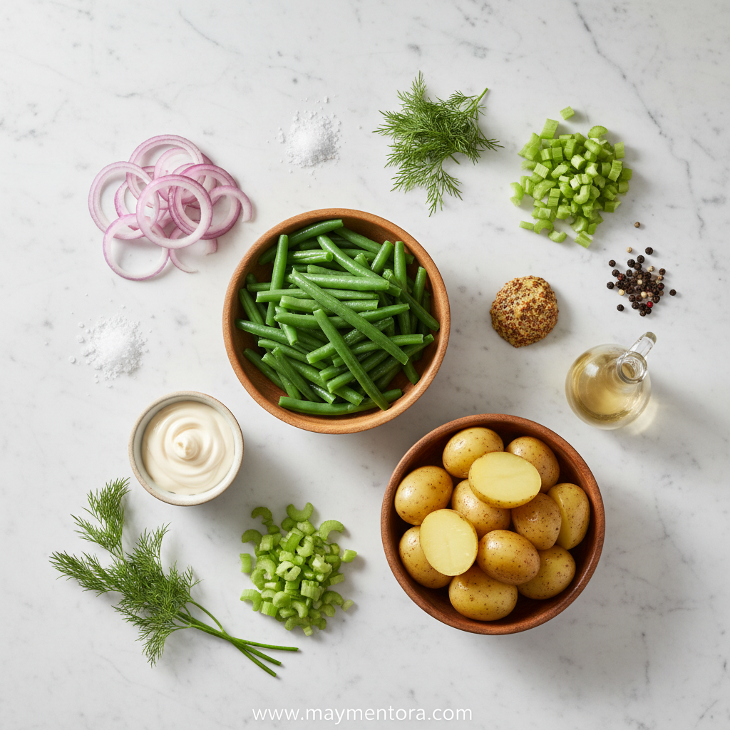 Ingredients for creamy green bean potato salad