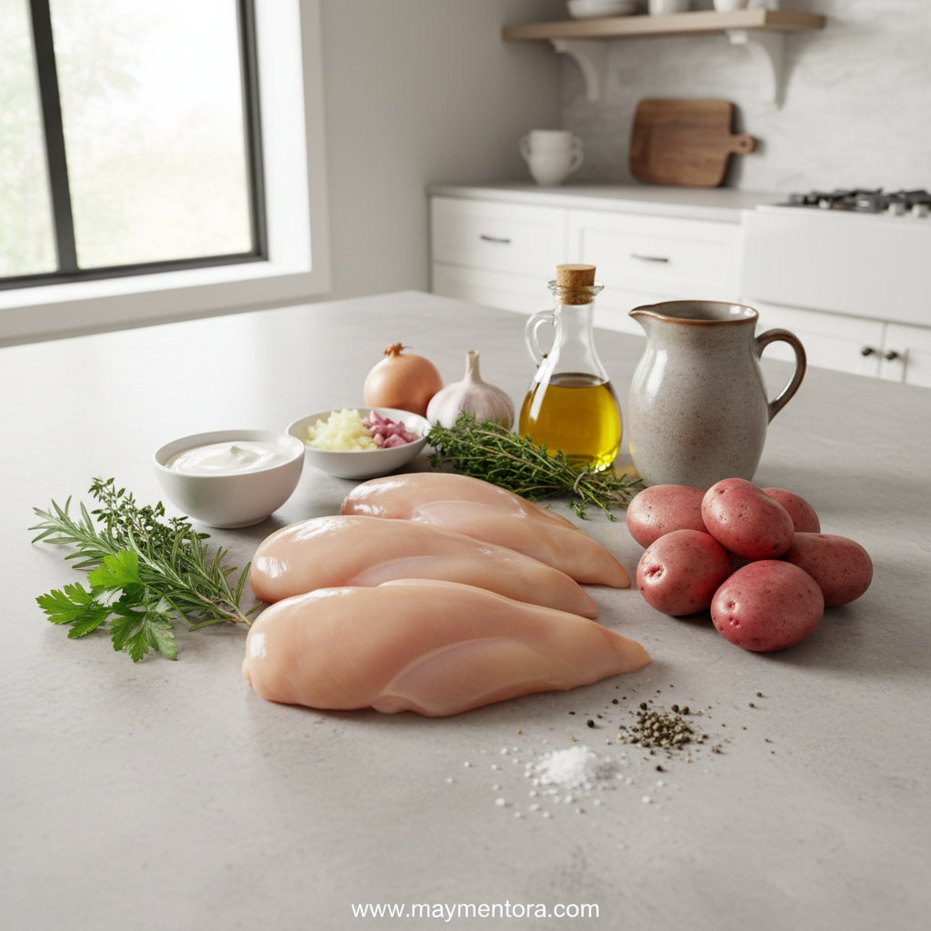 Ingredients for creamy herb chicken and roasted potatoes