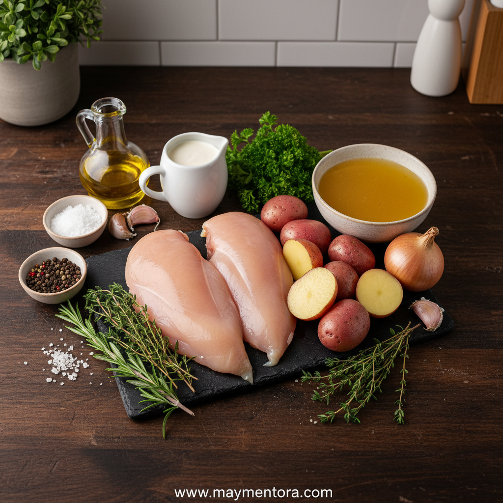 Ingredients for creamy herb chicken and roasted potatoes