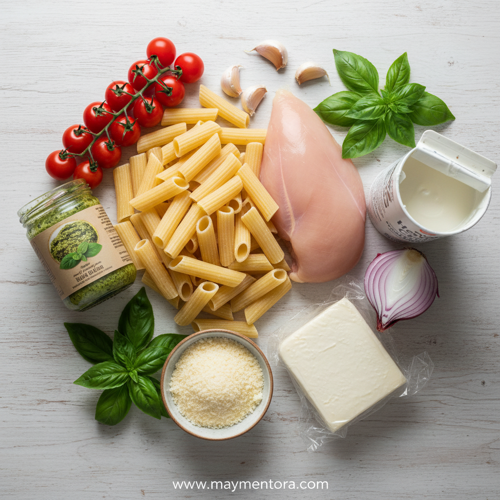 Ingredients for creamy pesto chicken pasta bake including pasta, chicken, pesto, and cheese