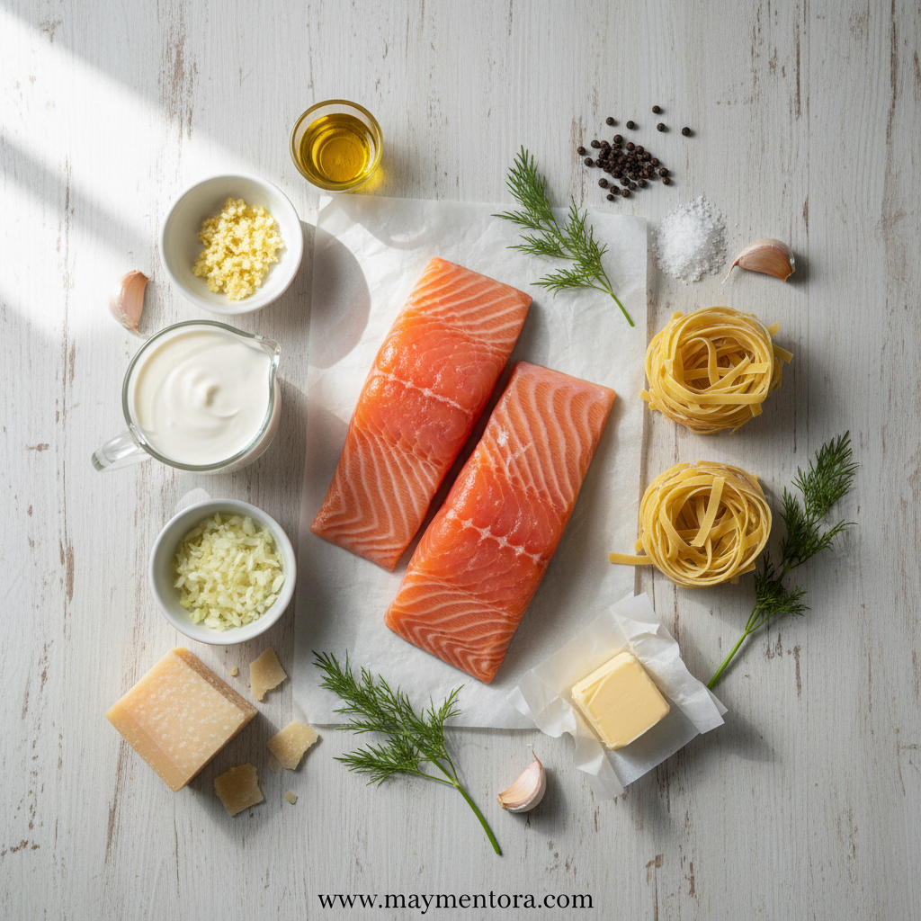 Ingredients for creamy salmon pasta including salmon, pasta, cream, garlic and herbs