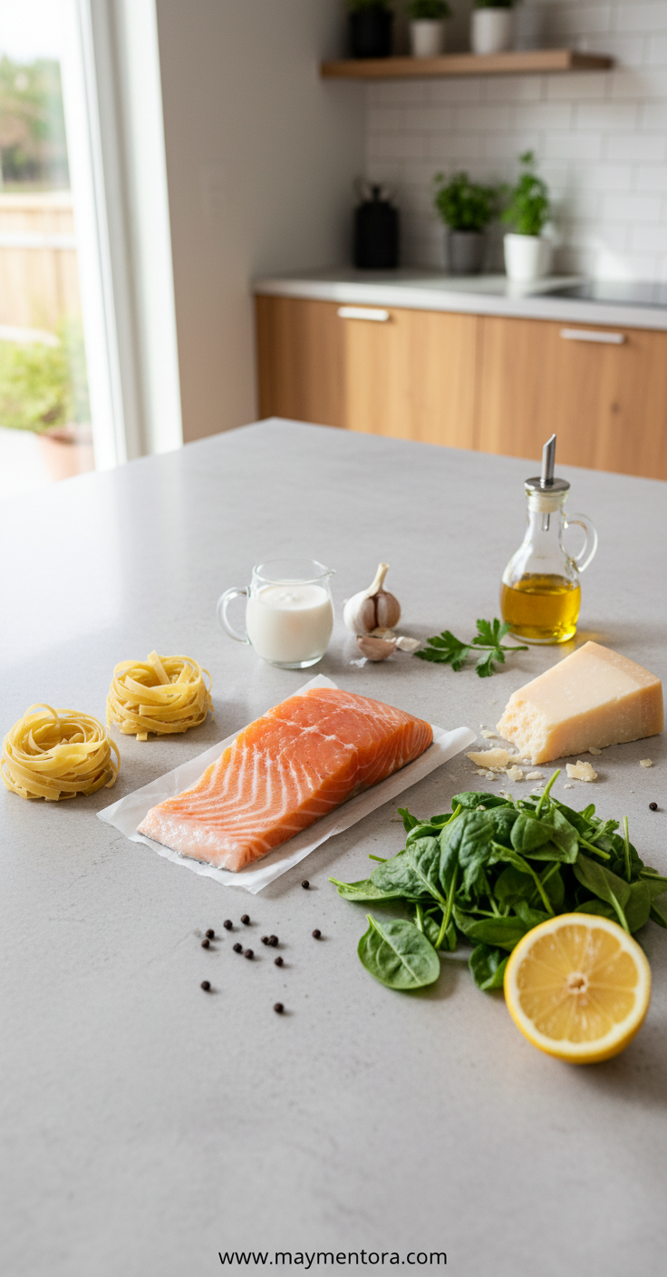 Fresh ingredients for creamy salmon pasta including salmon, pasta, mixed greens, and seasonings