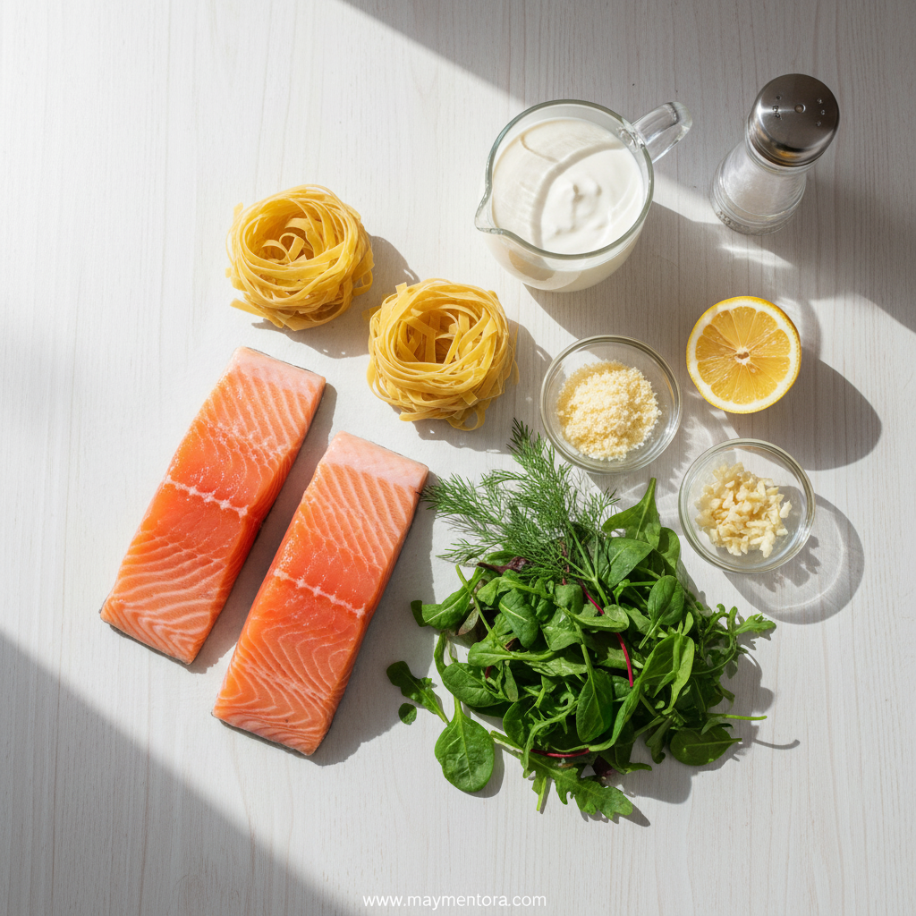 Ingredients for creamy salmon pasta laid out on counter