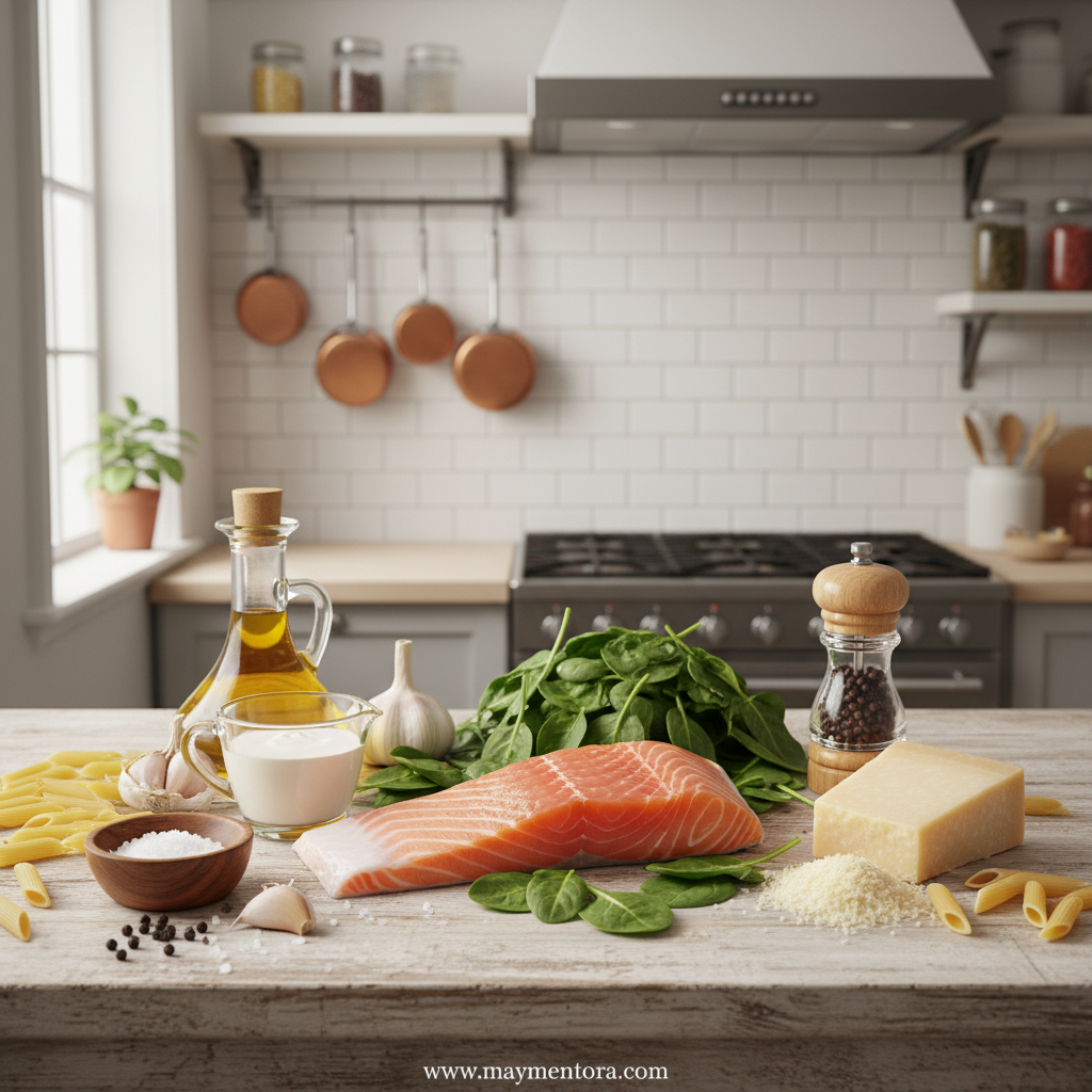 Ingredients for creamy salmon spinach pasta including salmon, spinach, garlic, and cream