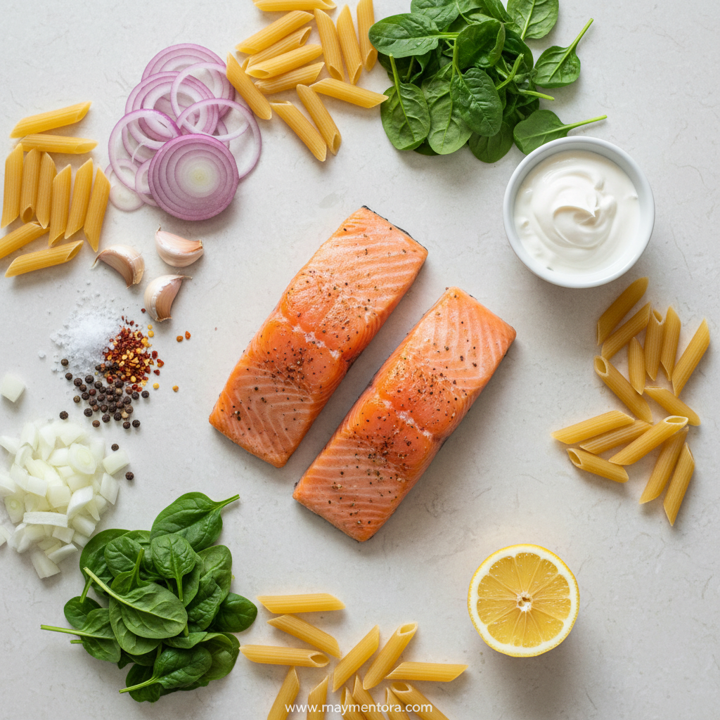 Ingredients for creamy salmon spinach pasta including salmon fillets, pasta, spinach, garlic, cream, and seasonings
