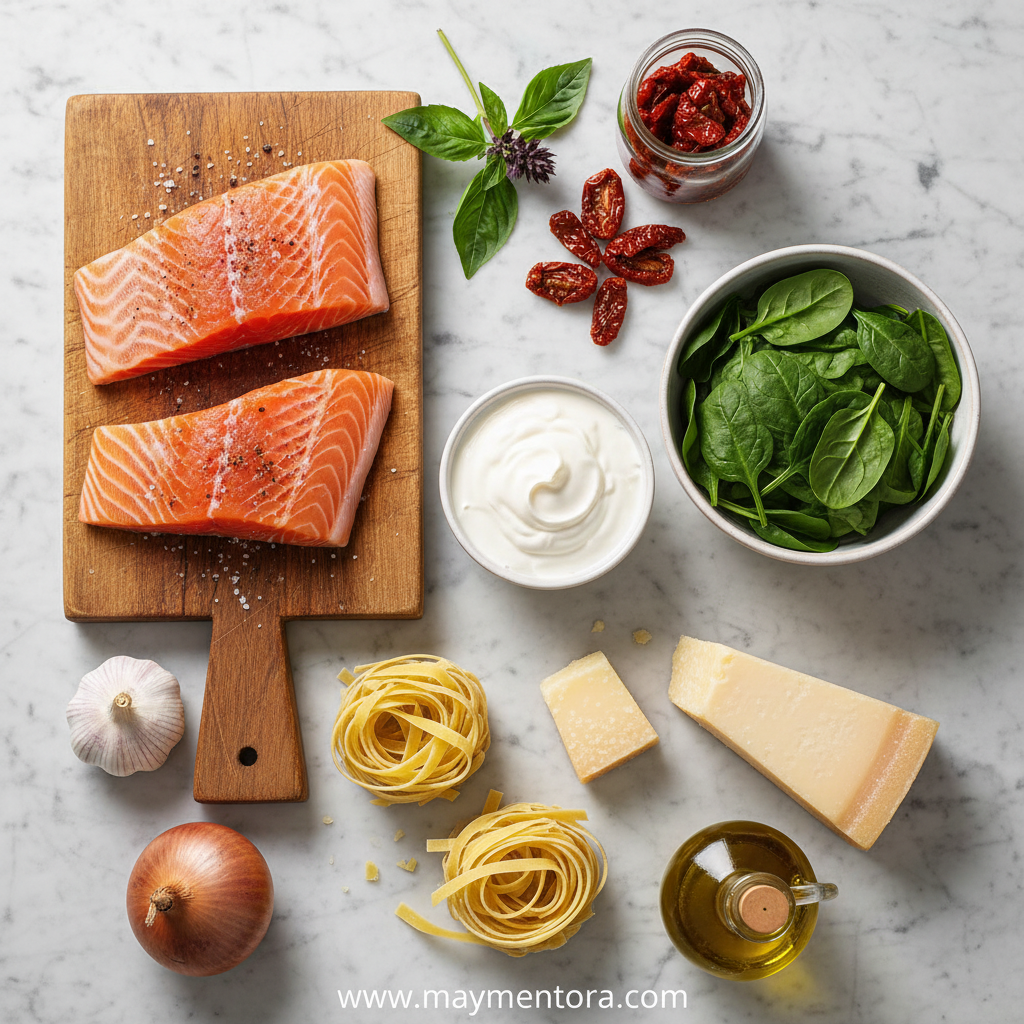 Ingredients for creamy Tuscan salmon pasta
