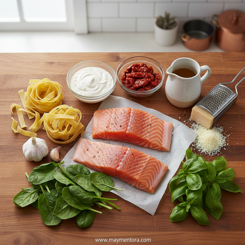 Ingredients for creamy Tuscan salmon pasta including salmon, pasta, spinach, sun-dried tomatoes and seasonings