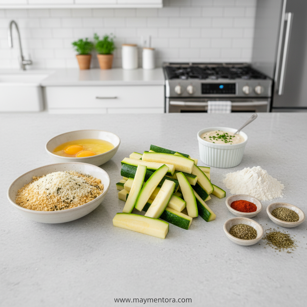 Ingredients for making crispy zucchini fries including zucchini, breadcrumbs, and seasonings